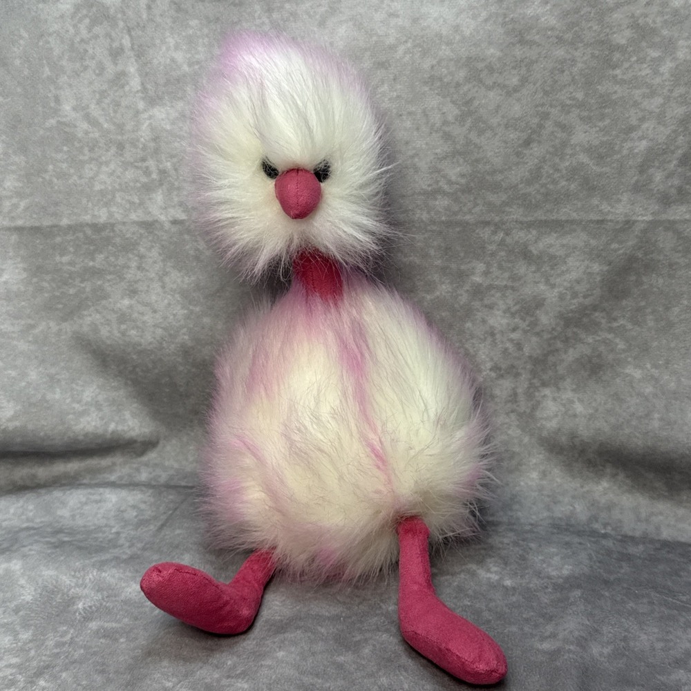 Jellycat London Raspberry Ripple Pompom 15" Ostrich Emu White and Pink Bird EUC